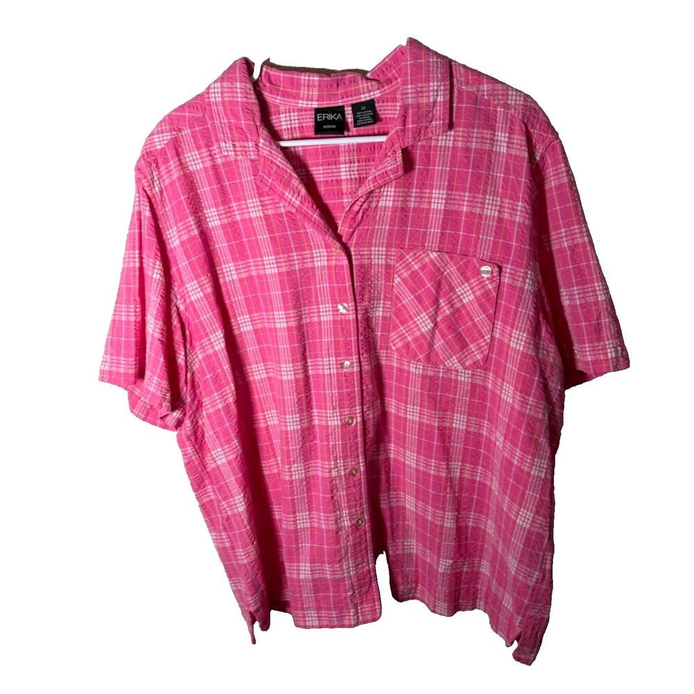 Erika Shirt Women's 2X Pink Seersucker Plaid Button Up Collared Short Sleeve